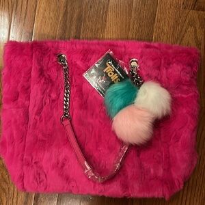 Faux Fur Pink Tote Bag with Chain Straps NWT